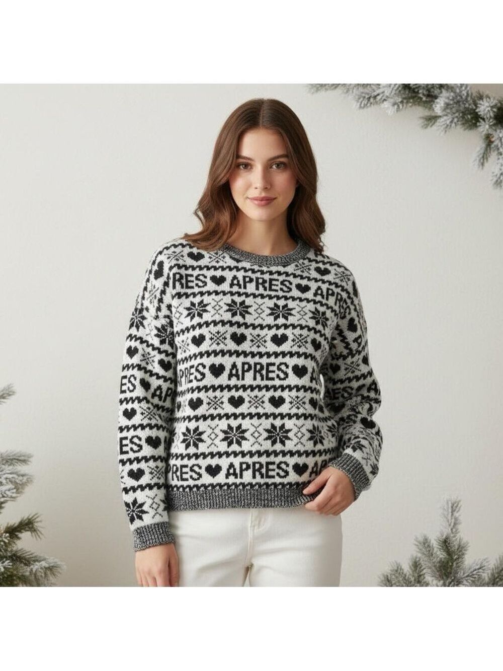 Anthropologie Calligraphie Après Ski Fair Isle Sweater Hearts Snowflakes NWT L